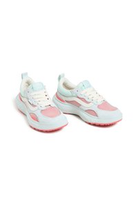 Soft light blue and pink sneakers made of mesh and suede. Features a cushioned sole, prominent laces, and textured panels.