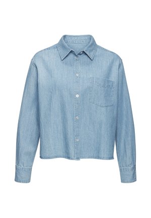 Lichtblauw denim overhemd met knopen, lange mouwen, een spitse kraag en een borstzak aan de linkerkant.
