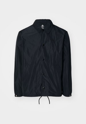 Jachetă de tip windbreaker de culoare bleumarin, realizată dintr-un material ușor, având guler, nasturi la față, buzunare laterale și tiv reglabil cu șnur.