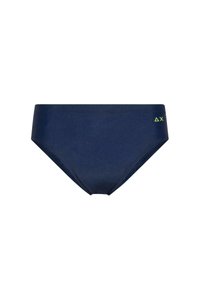 Parte inferiore di bikini blu navy realizzata in tessuto morbido, con una vita bassa e un piccolo logo verde lime sul lato.