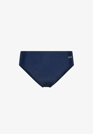 Parte inferiore di bikini blu navy realizzata in tessuto morbido, con una vita bassa e un piccolo logo verde lime sul lato.