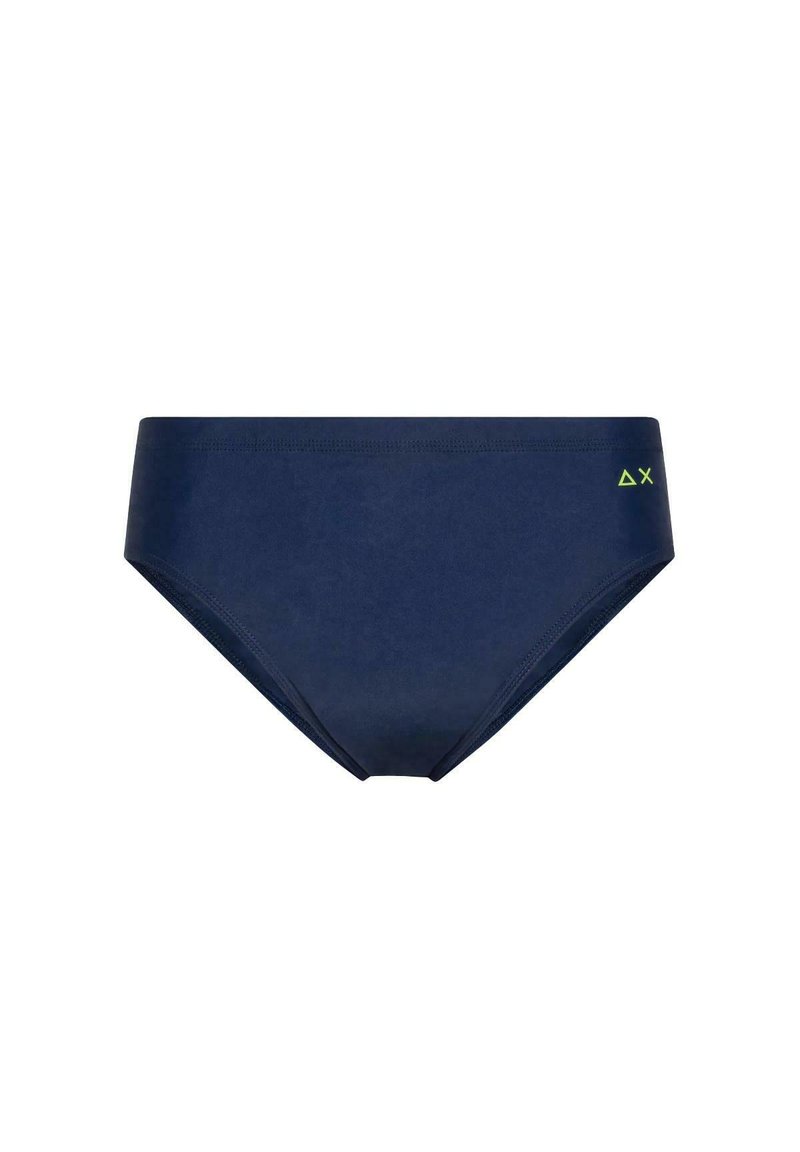 Parte inferiore di bikini blu navy realizzata in tessuto morbido, con una vita bassa e un piccolo logo verde lime sul lato.
