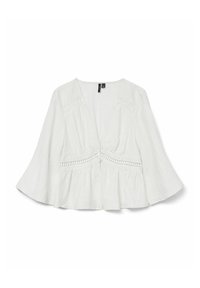 Blusa bianca a maniche lunghe con scollatura a V, dettagli in pizzo sulle spalle e in vita, bottoni frontali e orlo e maniche svasate.
