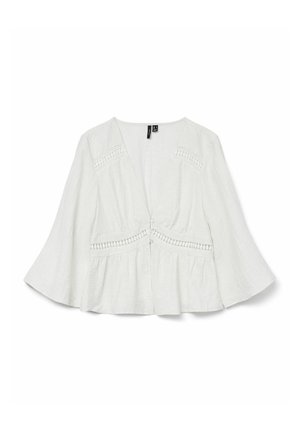 Blouse blanche à manches longues avec décolleté en V, détails en dentelle sur les épaules et à la taille, boutons sur le devant, et ourlet et manches évasés.