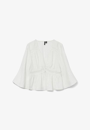 Witte blouse met lange mouwen en V-hals, kantafwerkingen op de schouders en taille, knopen aan de voorkant, en een uitlopende zoom en mouwen.