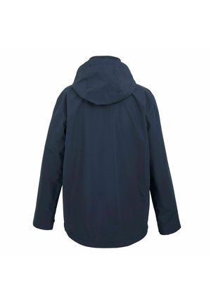 Dunkelblaue wasserdichte Jacke mit Kapuze, von hinten vor weißem Hintergrund gezeigt.