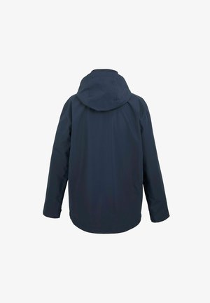 Dunkelblaue wasserdichte Jacke mit Kapuze, von hinten vor weißem Hintergrund gezeigt.
