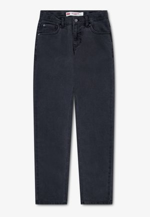 Jean noir coupe droite avec bouton et fermeture éclair à l'avant, passants de ceinture et design cinq poches, posé à plat sur fond blanc.
