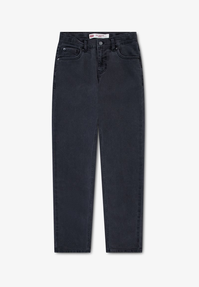 Jean noir coupe droite avec bouton et fermeture éclair à l'avant, passants de ceinture et design cinq poches, posé à plat sur fond blanc.