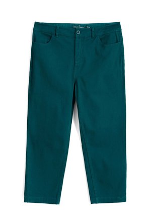 Petrolinsinivihreät suorat housut, joissa on edessä nappi ja vetoketju, vyölenkit ja sivutaskut, aseteltu tasaisesti valkoiselle taustalle.