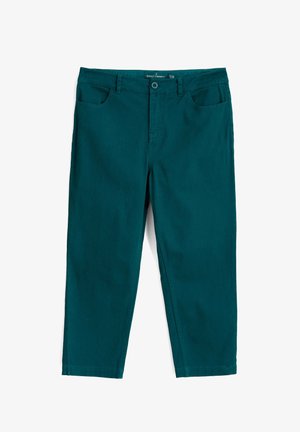 Petrolinsinivihreät suorat housut, joissa on edessä nappi ja vetoketju, vyölenkit ja sivutaskut, aseteltu tasaisesti valkoiselle taustalle.