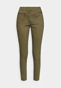 Olivově zelené kalhoty s přiléhavým střihem, hladkým materiálem a dvěma předními kapsami na zip. Navrženo pro elegantní vzhled.