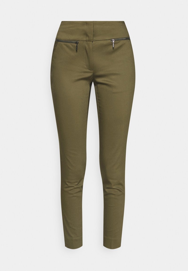 Olivově zelené kalhoty s přiléhavým střihem, hladkým materiálem a dvěma předními kapsami na zip. Navrženo pro elegantní vzhled.