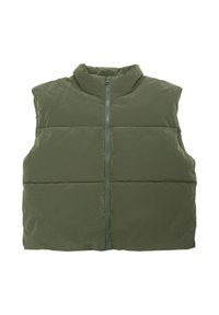 Grüne Pufferweste mit hohem Kragen, Frontreißverschluss und Karomuster. Weicher Stoff, ärmelloses Design und kastige Form.