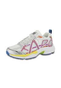 White athletic shoe with mesh upper, multicolored accents in pink, orange, and yellow, featuring a cushioned sole and prominent branding.