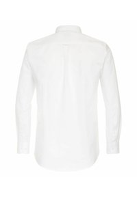 Weißes Langarmhemd mit klassischem Kragen, geradem Schnitt und knöpfbaren Manschetten. Der Stoff wirkt glatt mit einem leichten Glanz.