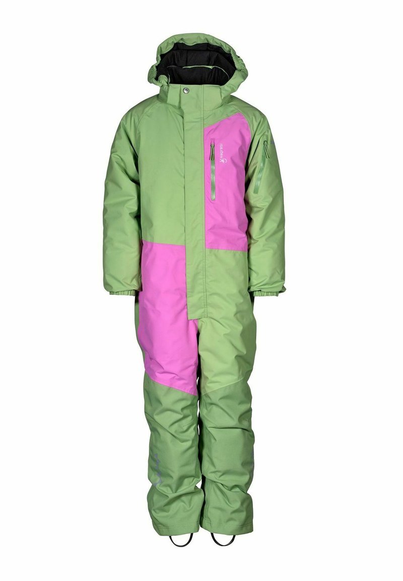 Vihreä ja vaaleanpunainen eristetty yhden osan lumipuku, jossa on huppu, etuvetoketju, rintataskut ja hihattaskut sekä joustavat hihansuut ja nilkat.