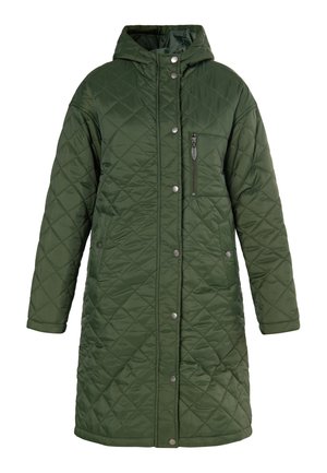 Vihreä tikattu pitkä takki hupun kanssa, jossa on nepparit ja vetoketjullinen tasku rinnassa, valmistettu sileästä, kevyestä kankaasta.