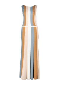 Ärmeloses, langes Kleid mit vertikalen Streifen in Braun, Beige, Hellblau und Weiß. Hergestellt aus weichem, strukturiertem Stoff mit einem fließenden Design.