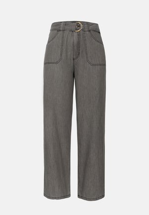 Gray wide-leg pants with a high waist, featuring a large gold belt buckle, two front pockets, and contrast stitching details.