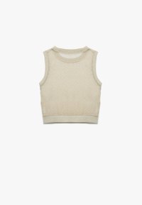 Beige strikket ærmeløs cropped top med rund halsudskæring og ribbet kant, vist fladt på en hvid baggrund.