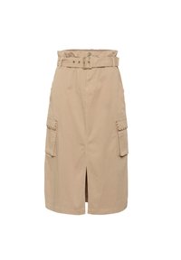 Khaki midi sukňa s opaskom v páse, cargo vreckami, predným rozparkom a hladkým bavlneným materiálom. Má uvoľnený strih a praktický dizajn.
