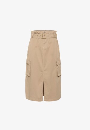 Khaki-Midirock mit einem taillierten Gürtel, Cargo-Taschen, einem Schlitze an der Vorderseite und einem glatten Baumwollstoff. Verfügt über eine lockere Passform und ein praktisches Design.