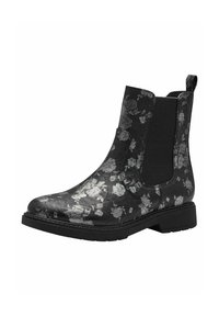 Botas Chelsea negras con estampado floral, acabado texturizado, paneles laterales elásticos, tira de agarre y suela de goma gruesa.