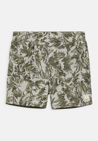 Calções cinzentos com estampa botânica verde e amarela, apresentando dois bolsos traseiros e uma etiqueta da marca cosida no lado inferior direito.