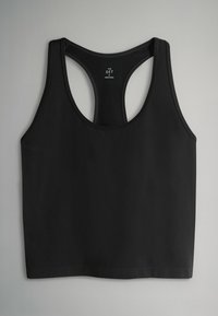 Čierne atletické tielko z hladkej látky. Má dizajn racerback a zaoblený výstrih. Jednoduchý, minimalistický štýl.