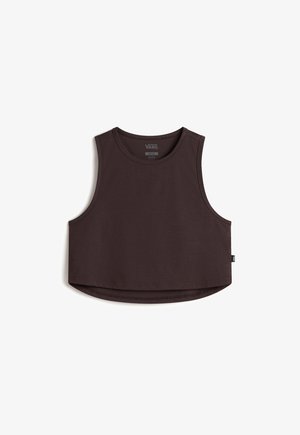 Brown crop tank top made of soft fabric, featuring a round neckline and wide armholes. Includes a small logo tag on the side.
