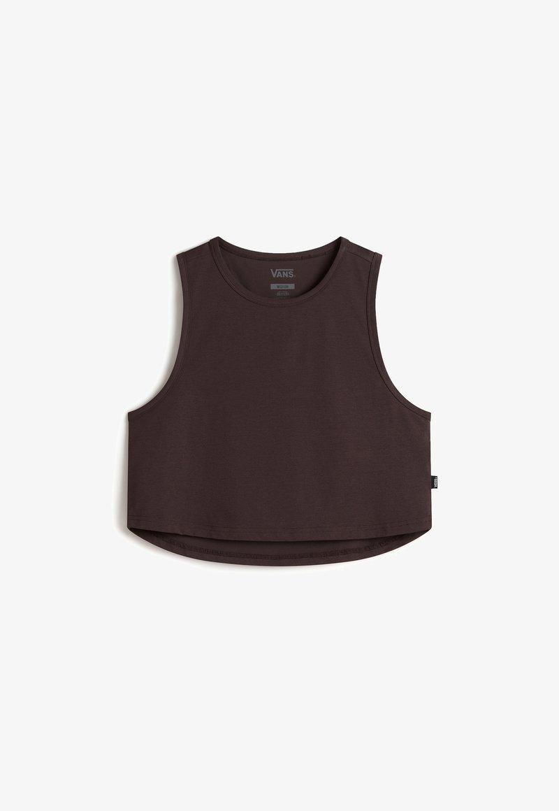Brown crop tank top made of soft fabric, featuring a round neckline and wide armholes. Includes a small logo tag on the side.