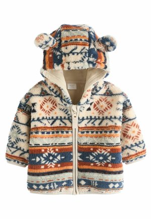 Veste pour bébé en polaire douce avec capuche, motifs géométriques colorés, fermeture éclair à l'avant et deux petits pompons sur la capuche.