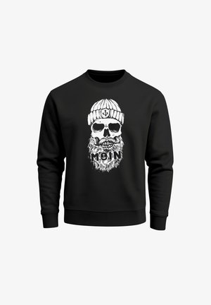 Black sweatshirt featuring a white skull and beard graphic, with a beanie and the word "MOIN" printed prominently. Classic crew neck design.