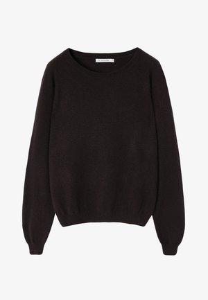 Suéter de lana marrón oscuro con cuello redondo, mangas raglán largas y puños y dobladillo acanalados. Textura suave y diseño minimalista.