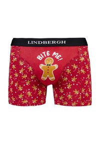 Rote Boxershorts mit Lebkuchenmann-Muster und weißen Sternen. Mit Grafiktext "BISSE MICH!" und einem schwarzen Bund, der "LINDBERG" trägt.