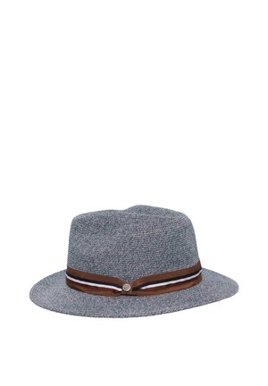 Gray woven fedora hat with brown, white, and black striped band and small round metal button on the side.