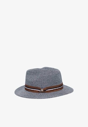 Gray woven fedora hat with brown, white, and black striped band and small round metal button on the side.