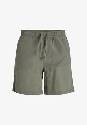 Grüne Leinen-Shorts mit einem elastischen Bund, verstellbarem Kordelzug, Seitentaschen und einer lockeren Passform. Glatte Textur und knielanges Design.