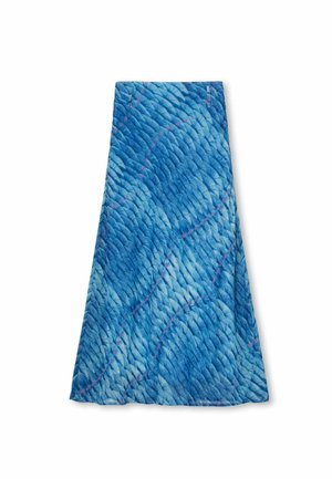 Kék szövet szoknya hullámzó mintával, kékszínű árnyalatokkal és rózsaszín részletekkel. A dizájn texturált megjelenésű.