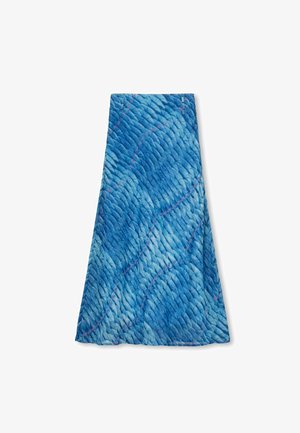 Modrá látková sukně s vlnitým vzorem, obsahující odstíny modré a náznaky růžových detailů. Návrh má texturovaný vzhled.