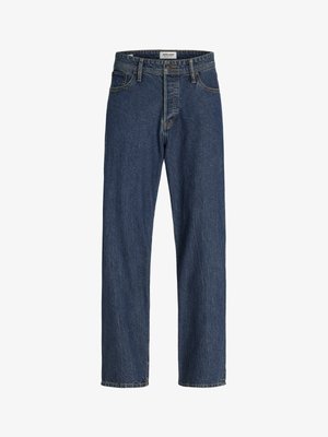 Mørkeblå denim jeans med lige pasform, der har fem lommer og knaplukning. Stoffet har en synlig struktur og subtil stribing.