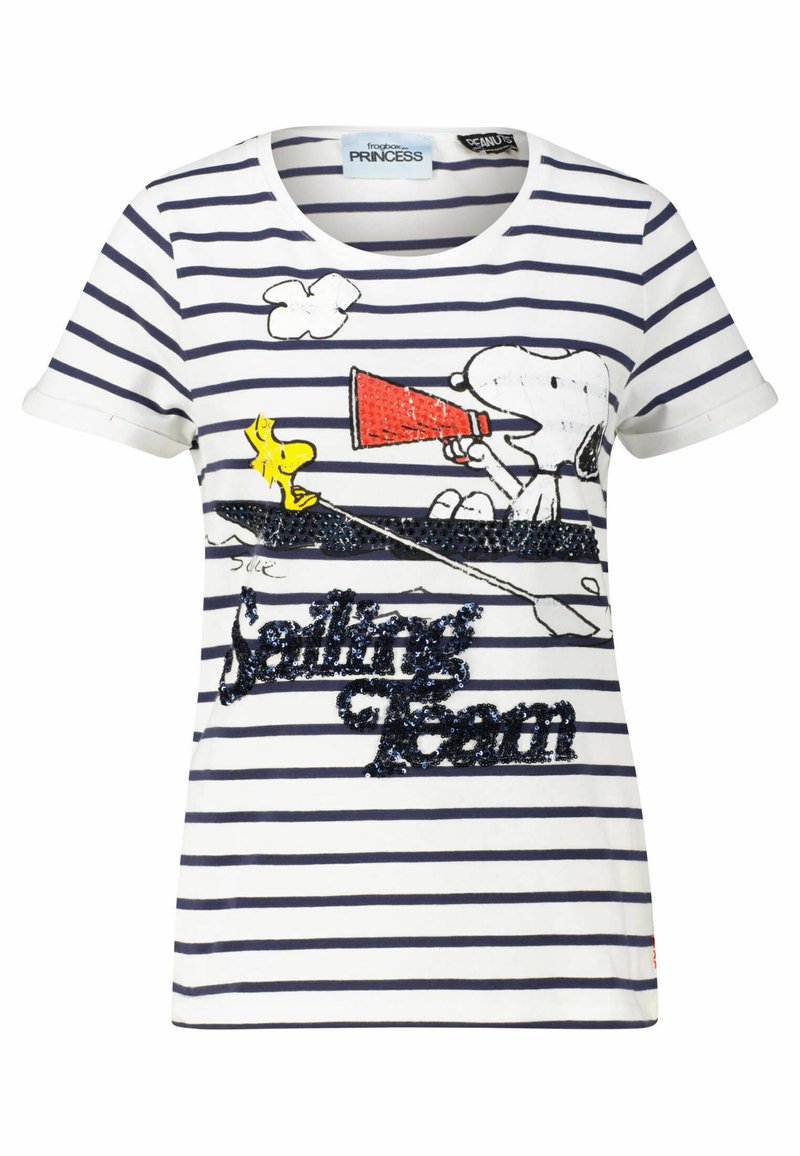 White and navy striped t-shirt featuring a Snoopy graphic with a red megaphone, yellow bird, and sequined "Sailing Team" text. Short sleeves.