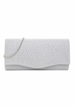 Pochette de soirée argentée avec petits strass et une fine chaîne, reposant sur un fond blanc.