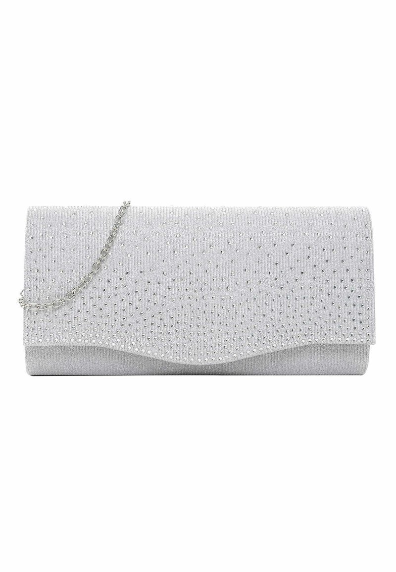 Pochette de soirée argentée avec petits strass et une fine chaîne, reposant sur un fond blanc.