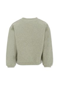 Sweatshirt vert clair avec un col rond, des manches longues et des poignets côtelés. Le tissu possède une finition douce et texturée avec une coupe décontractée.