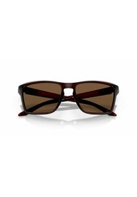 Occhiali da sole in acetato marrone con forma rettangolare, lenti scure e branding sottile sulla tempia. Design leggero con finitura lucida.