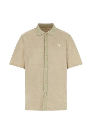 Maglietta a maniche corte in maglia beige a nido d'ape con bottoni frontali, collo classico e piccolo logo triangolare sul petto a sinistra.