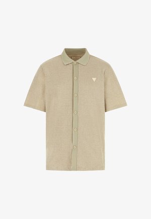 Maglietta a maniche corte in maglia beige a nido d'ape con bottoni frontali, collo classico e piccolo logo triangolare sul petto a sinistra.