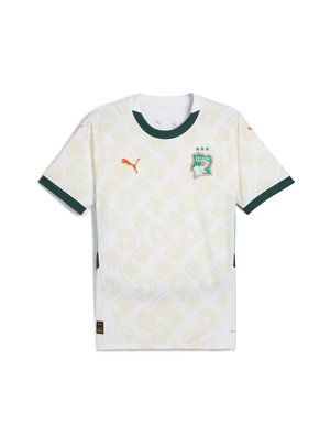 Witte voetbaltrui met groene accenten, voorzien van een gestructureerd abstract patroon, Puma-logo in oranje en een schild-embleem met sterren.